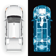 Top view of a white pickup SUV template and its diagnostic X-ray image with internal parts and mechanisms. © Antonio Kalini