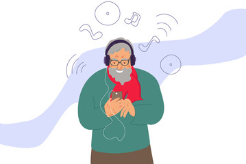 an elderly retired man listens to music on his phone with headphones. Simple flat vector
