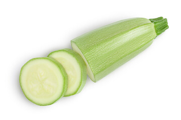 zucchini or marrow isolated on white background with clipping path and full depth of field. Top view. Flat lay