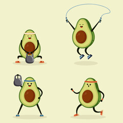 Avocado doing sport. Cute cartoon avocado character illustration set. Funny avocado jogging and lifting dumbbells, doing yoga and meditating.
