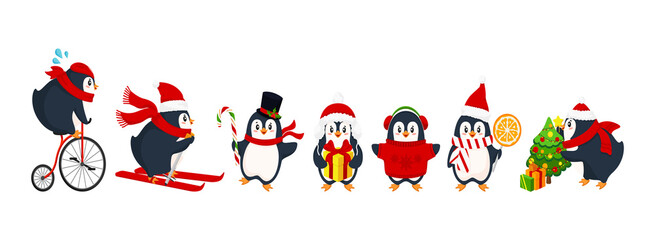 Active cute penguins in winter wearing winter clothing and hats. Set of funny cartoon arctic animals in outerwear.