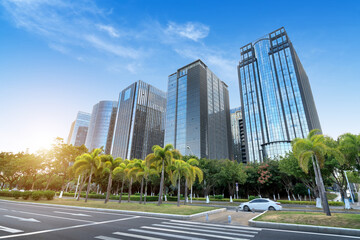 Skyscrapers along the road, Xiamen Central Business District, China.