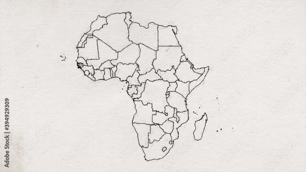 Wall mural africa map drawing ink textured showing up intro by regions/ 4k animated africa hand drawn map intro