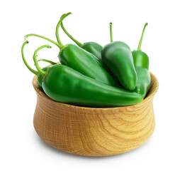 jalapeno pepper in wooden bowl isolated on white background. Green chili pepper with clipping path and full depth of field.