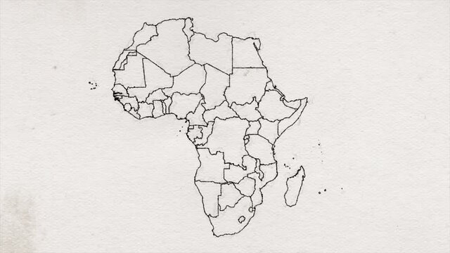 Africa Map Drawing Ink Textured Showing Up Intro By Regions/ 4k animated africa hand drawn map intro background with ink texture and countries appearing