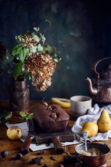 Chocolate loaf cake with pears.style vintage