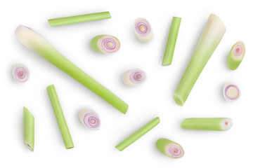 Fresh Lemongrass isolated on white background with clipping path. Top view. Flat lay