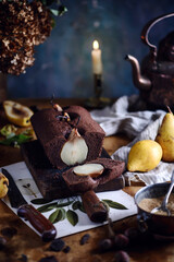 Chocolate loaf cake with pears.style vintage