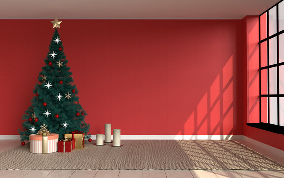 Interior Scene. Red Room In Loft Style With Christmas Tree, Gifts And Empty Space