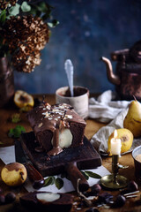 Chocolate loaf cake with pears.style vintage