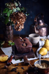 Chocolate loaf cake with pears.style vintage