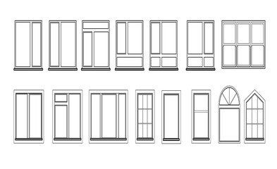 Windows set isolated on white background. Closed vector window element of architecture and interior design. Illustration in black color isolated on white background.