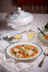 Warsaw pierogi soup.. Traditional Polish dish..style rustic.