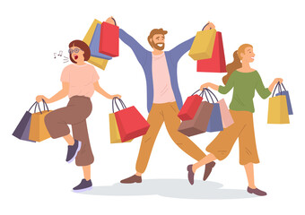 Group of people rejoicing with shopping bags in their hands. Man and women are picking up shopping bags on white background. Customers are buying gifts. Pastime before hollidays. Girl singing songs