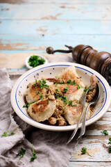Farmer sausage sauekraut with perogies Traditional Polish dish..style rustic.
