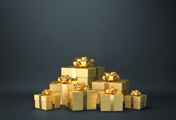 Golden boxes with ribbon on dark blue background