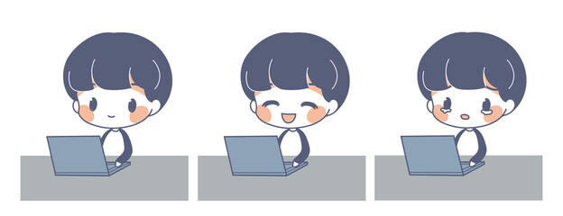 ノートパソコンを使う子供のイラストセット・ベクター