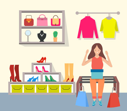 Young beautiful fashion shopper girl in the store. Female character is sitting on a bench with box on her knees. Woman shopping in the boutique. Selling clothes, accessories and shoes for clients