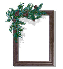 Christmas frame made of brown wood with fir branches and cones in the upper left corner. There is a place for your text, photo, congratulations. The illustration is isolated on a white background. 