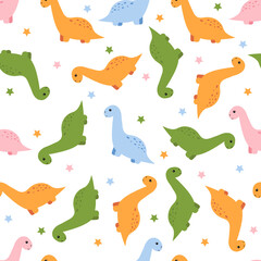 Seamless pattern with cute kawaii dinosaur. Vector illustration.	