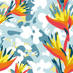 Exotic heliconia flowers and leaves pattern. Tropical jungle forest garden plants repeating print for backdrop, wallpaper, packaging, textile botanical design vector illustration