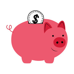 Pig piggy bank with a coin. Concept of saving and accumulating money investment opening a bank deposit.  Hand drawn character  logo icon. Stock vector flat illustration isolated on white background.