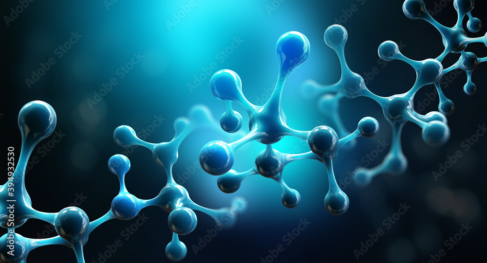 Poster Molecule 3D illustration. Cell therapy in medicine. Nano technology and research. Crystalline lattice under microscope. Cellular structure from inside
