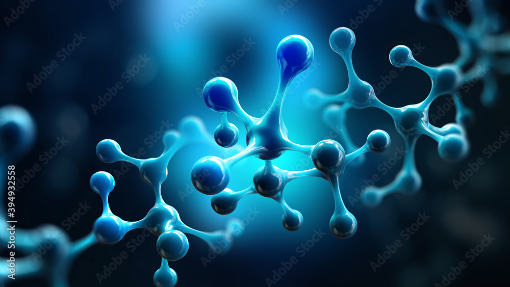 Aufkleber Molecule 3D illustration. Cell therapy in medicine. Nano technology and research. Crystalline lattice under microscope. Cellular structure from inside