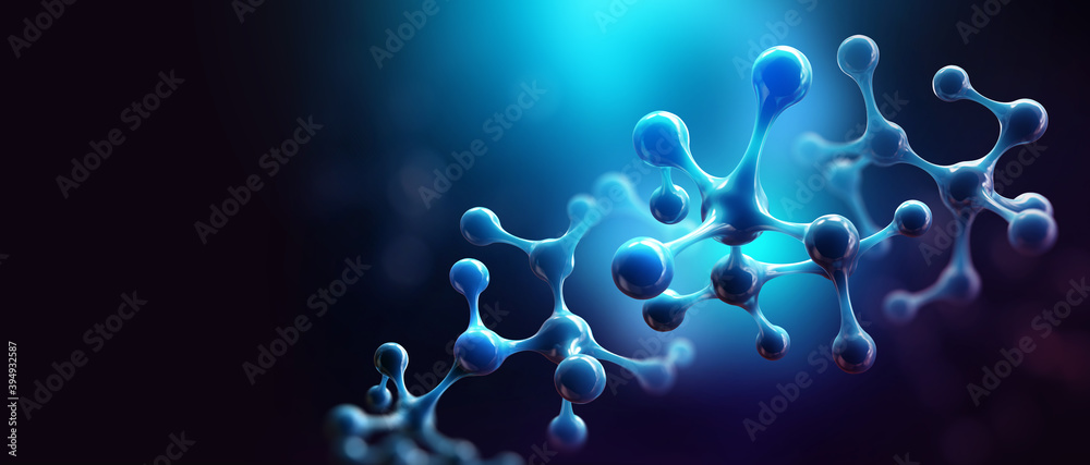 Fototapete Molecule 3D illustration. Crystal lattice under a microscope. Cellular therapies. Laboratory experiments and research. Nanostructures in high-tech areas of cell technology