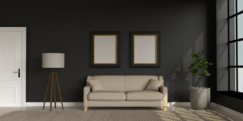 Black room in loft style with two empty frames. 3d render