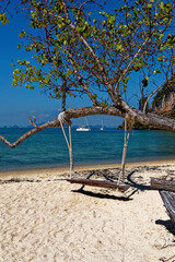 Wooden swing hang under tree at the beach