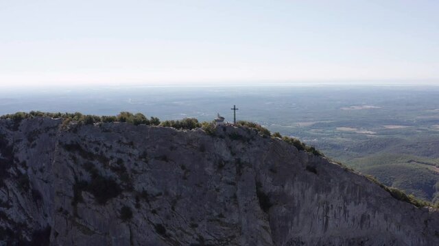 aerial view of a mountain and a big forest around, pic st loup summit in france, near to Montpellier 