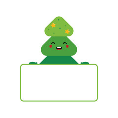 Cute cartoon style green christmas tree character holding in hands blank, empty card for quote or information.
