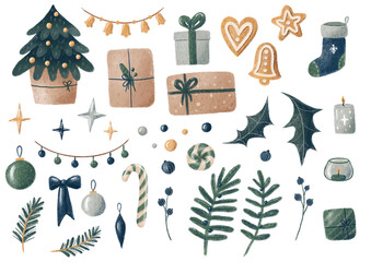 Hand drawn isolated Christmas illustration clipart. Christmas elements illustration set. Christmas collection of elements: sugar cane, christmas tree, new year decoration,  present boxes.