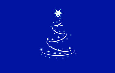 vector christmas tree. contour of a Christmas tree made of white lines with a white star on top and decorated with stars