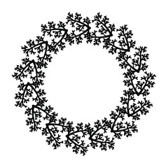 Cute black wedding wreath laurel ring divider white backdrop. Round floral hand drawn christmas New Year plant design branch frame. Perfect invitation greeting card, textile fabric t-shirt bag print