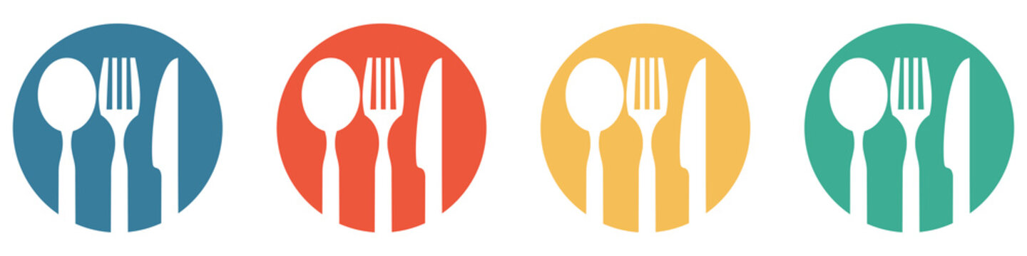 Bunter Banner mit 4 Buttons: Besteck, Restaurant oder Essen