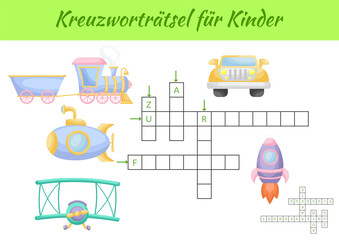 Fototapeta premium Kreuzworträtsel für Kinder - Crossword for kids. Crossword game with pictures. Kids game and activity worksheet printable version. Educational game for study German words. Vector stock illustration.