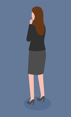 Vector illustration of business woman in official clothes. Question pose or presentation pose with folded hand. Flat young woman back view. Female in formal dark skirt and black jacket corporate dress