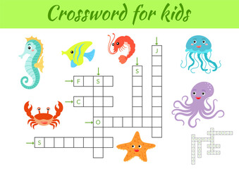 Fototapeta premium Crosswords game of animals for children with pictures. Kids activity worksheet colorful printable version. Educational game for study English words. Includes answers. Flat vector stock illustration.
