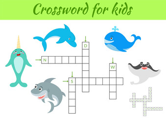 Crosswords game of animals for children with pictures. Kids activity worksheet colorful printable version. Educational game for study English words. Includes answers. Flat vector stock illustration.