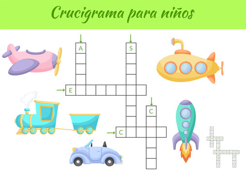 Crucigrama para niños - Crossword for kids. Crossword game with pictures. Kids activity worksheet colorful printable version. Educational game for study Spanish words. Vector stock illustration.