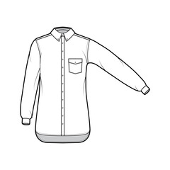 Classic shirt technical fashion illustration with angled pocket, straight long sleeves, relax fit, buttons, regular collar. Flat template front, white, color. Women men unisex top CAD mockup