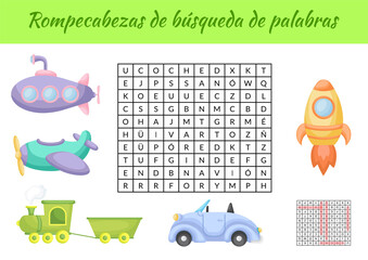 Rompecabezas de búsqueda de palabras - Word search puzzle. Educational game for study Spanish words. Kids activity worksheet colorful printable version with answers. Vector stock illustration