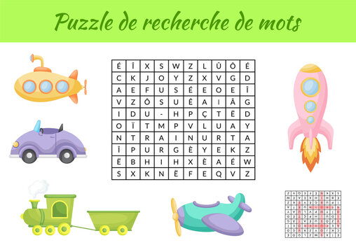 Puzzle de recherche de mots - Word search puzzle with pictures. Educational game for study French words. Kids activity worksheet colorful printable version. Includes answers. Vector stock illustration