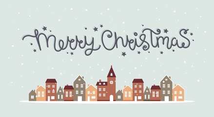 Merry christmas winter houses with snow, cute vector illustration in flat style with lettering