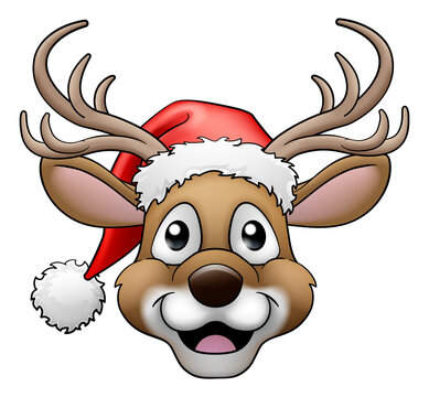 A cool Christmas reindeer cartoon character in Santa hat