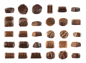 Fototapeta na wymiar Set of Chocolates Isolated, Chocolate Candies Top View