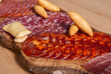 Set of cold cured spanish meat Ham and chorizo.