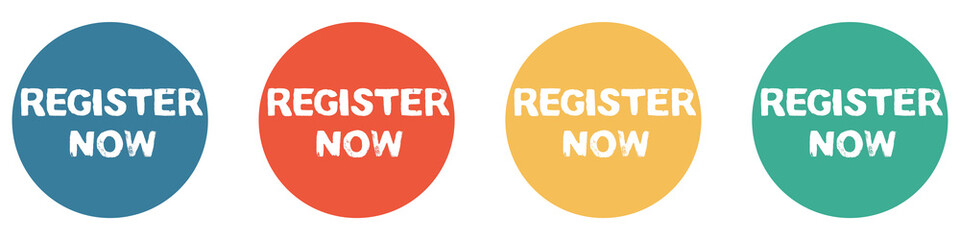 Bunter Banner mit 4 Buttons: Register Now - Hier Anmelden